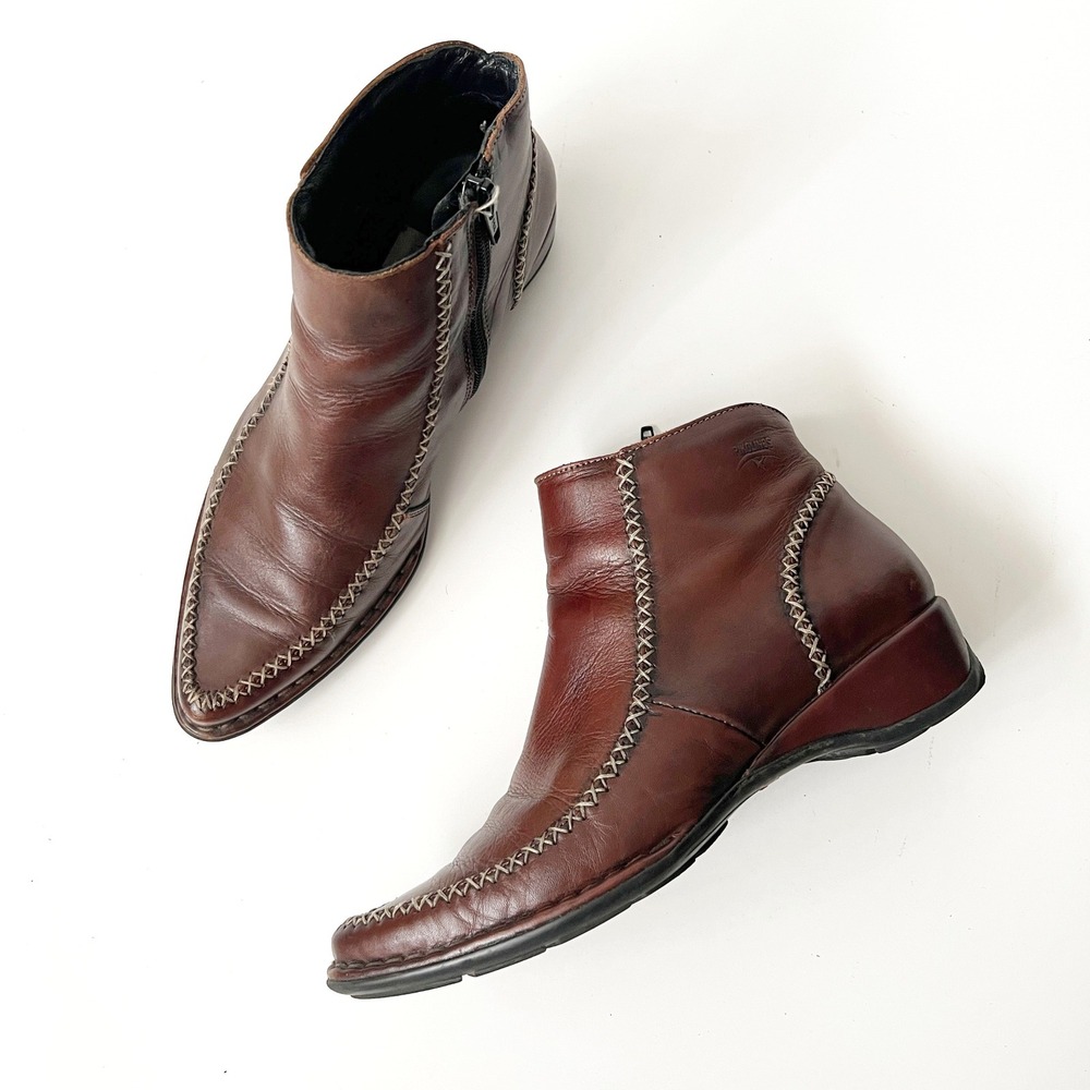Pikolinos Leather Ankle Boots 36 Brown Whipstitch Pointed Toe Zip Western Boho